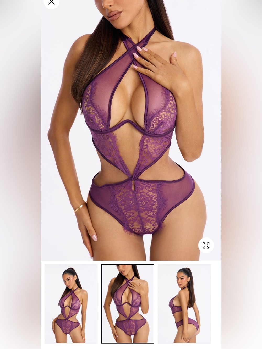 Purple Lace Cutout Halter Teddy